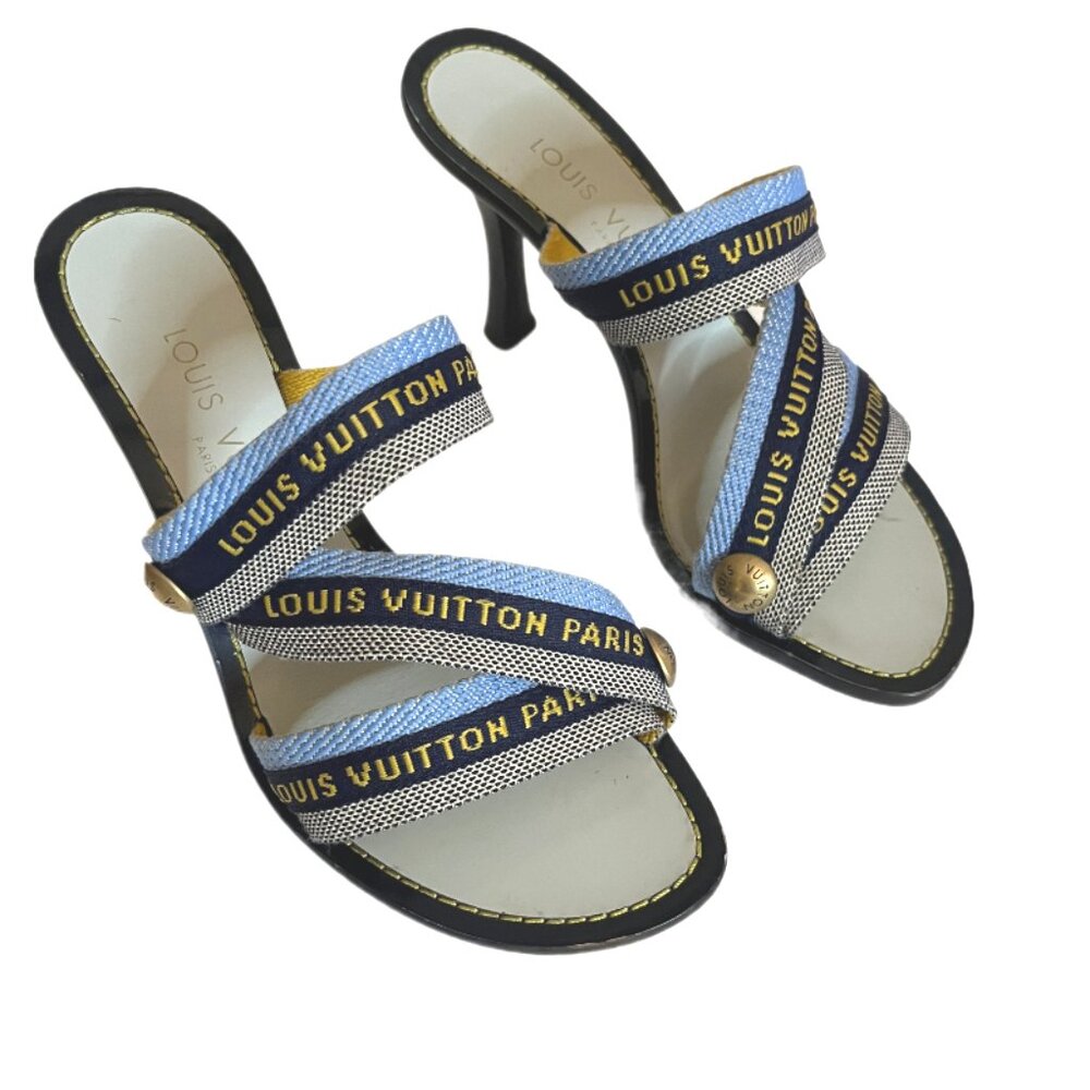 Louis Vuitton Paris Blue Canvas 3.5" Heeled Sandals Metal Logo Size 35/US size 5 - Picture 4 of 13